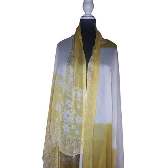 VTG Butter Yellow and White Chiffon Floral XLarge Scarf Swim Cover Up 88"L x48"W - Picture 2 of 7